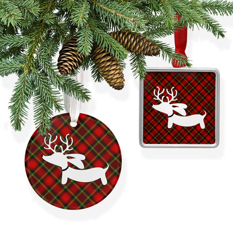 Plaid Reindeer Dachshund Christmas Tree Ornament