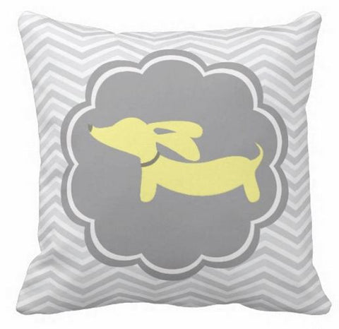 Yellow Dachshund on Gray Scalloped Circle Pillow