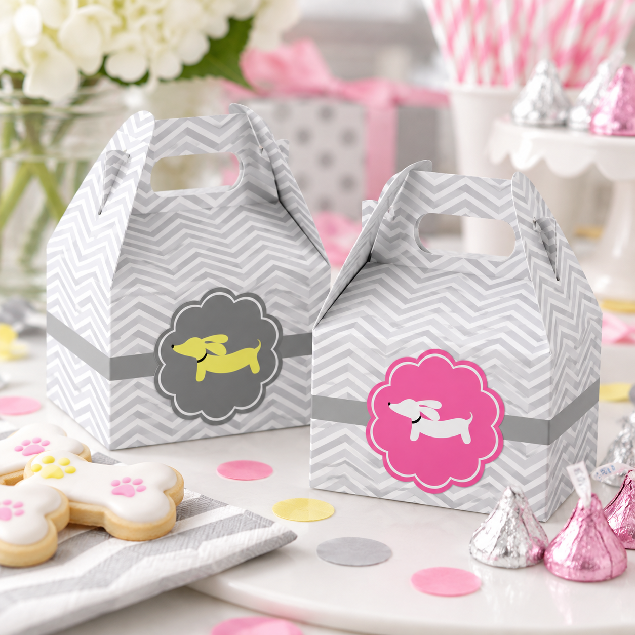 dachshund Baby shower favor boxes yellow and pink