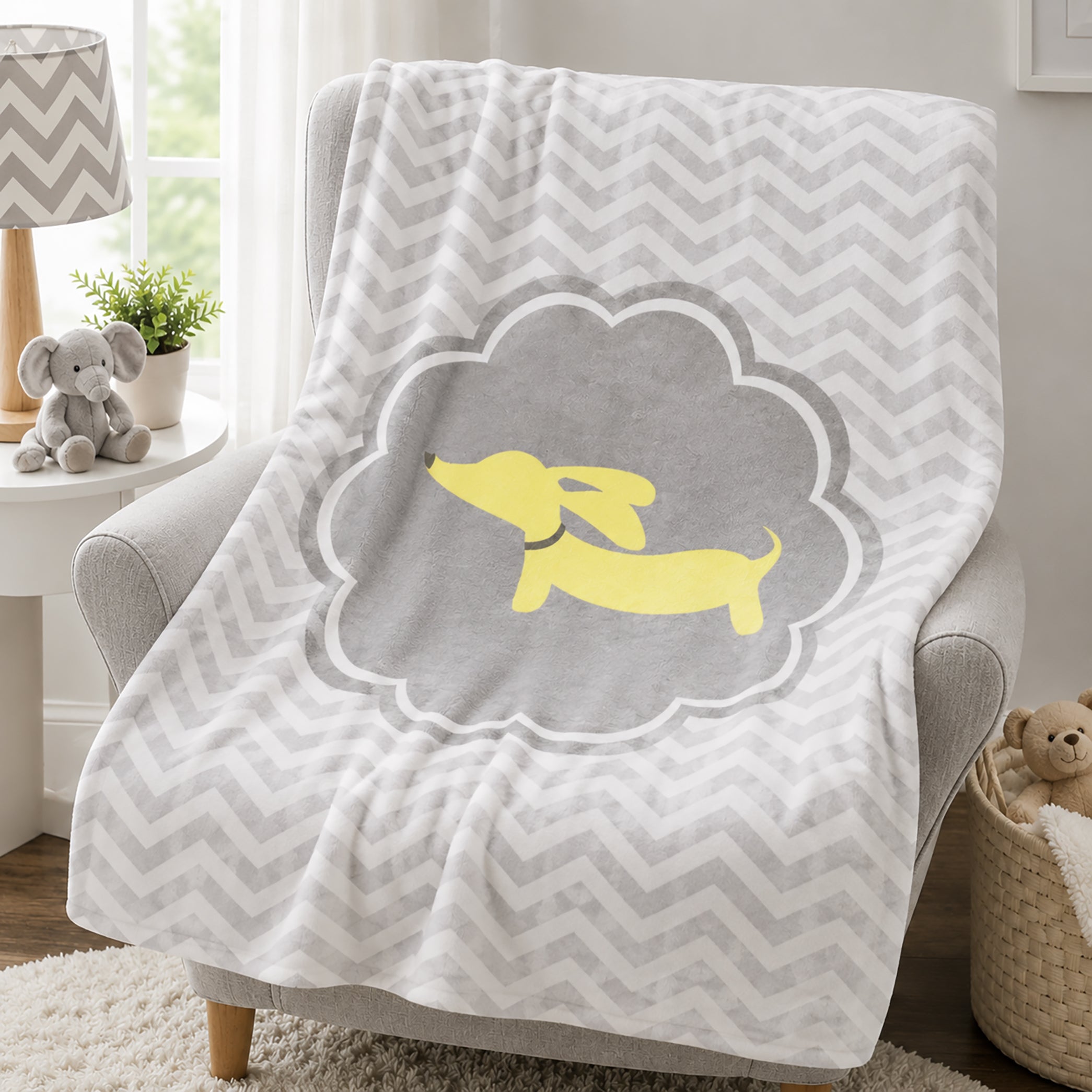 Yellow Dachshund + Gray Scalloped Circle Fleece Blanket