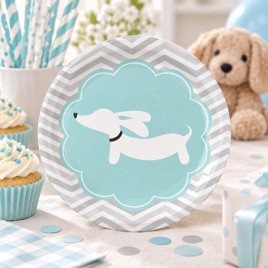 dachshund baby shower paper plate blue