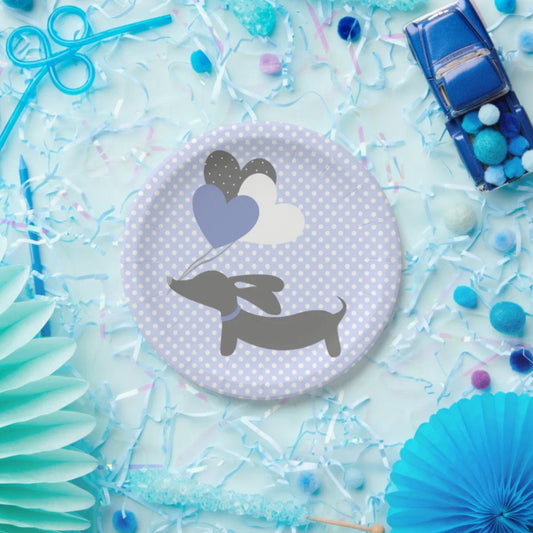 Dachshund Blue Baby Shower Paper Plates Polka Dots