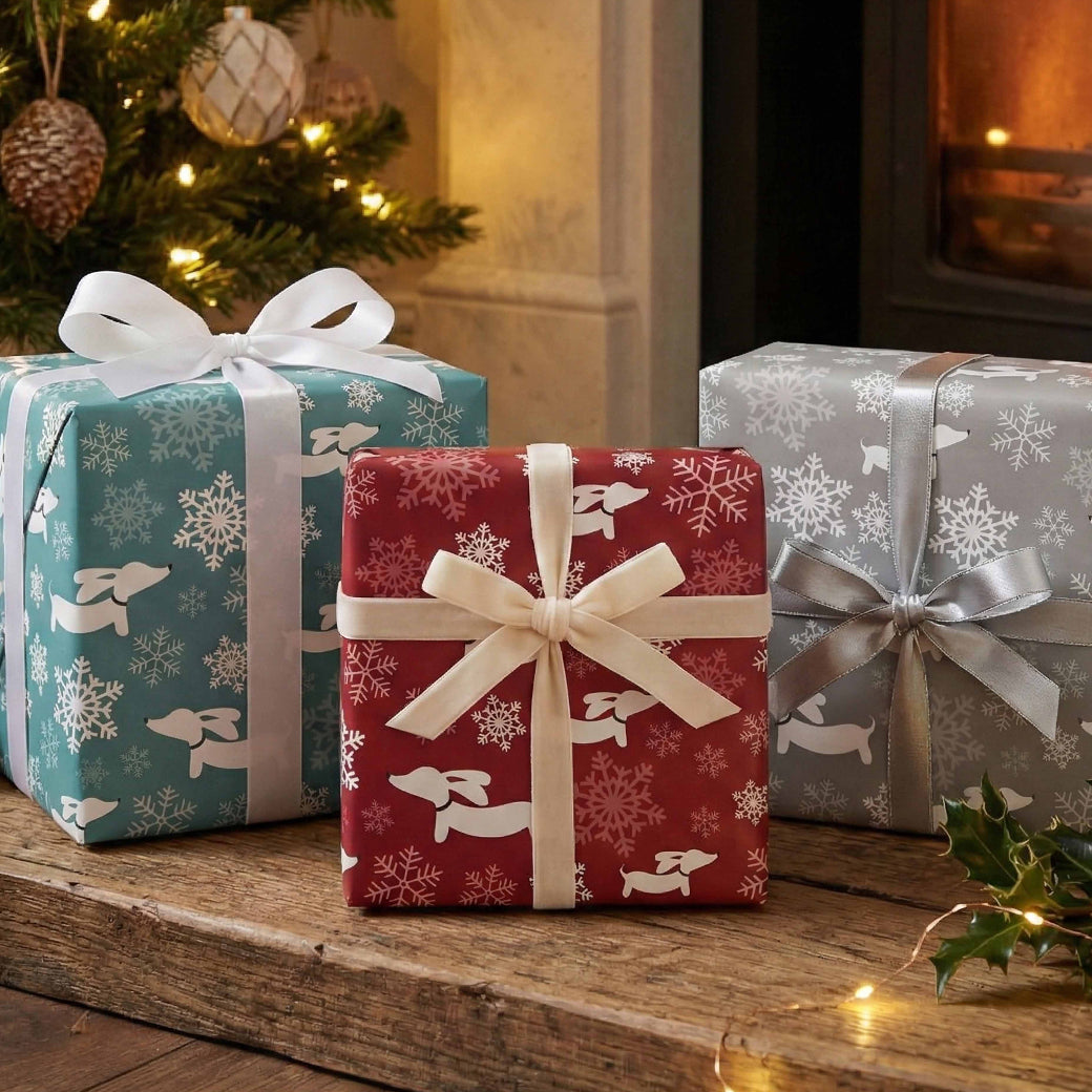wiener dogs and snowflakes wrapping paper christmas