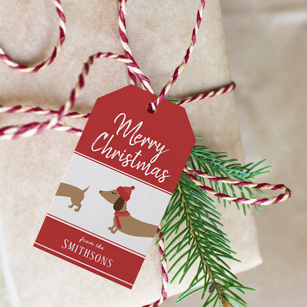 A close-up of a wrapped gift with kraft paper wrapping, red-and-white twisted string, a green pine branch, and a red dachshund Christmas gift tag that reads “Merry Christmas” and “From the Smithsons.”.