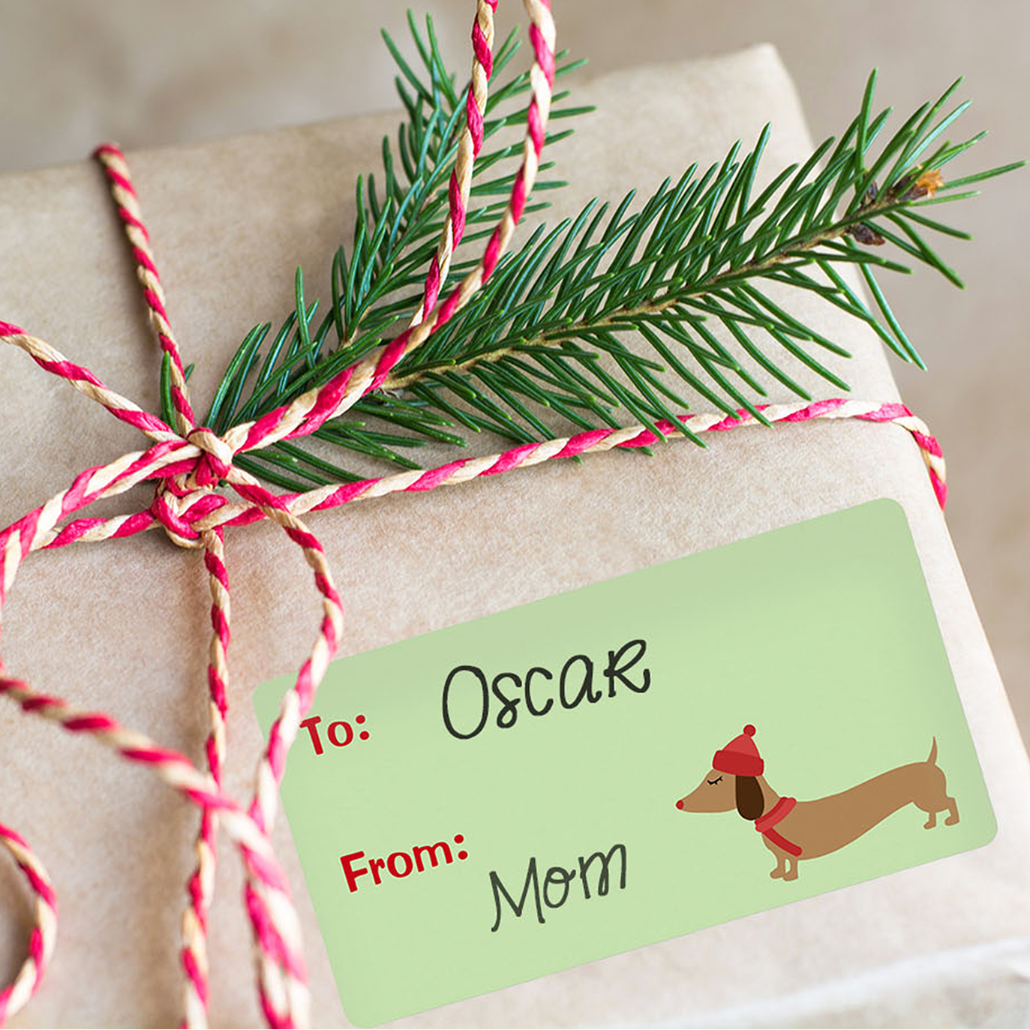 wiener dog scarf and hat gift tag sticker