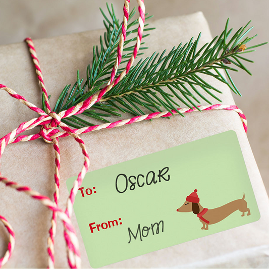 wiener dog scarf and hat gift tag sticker