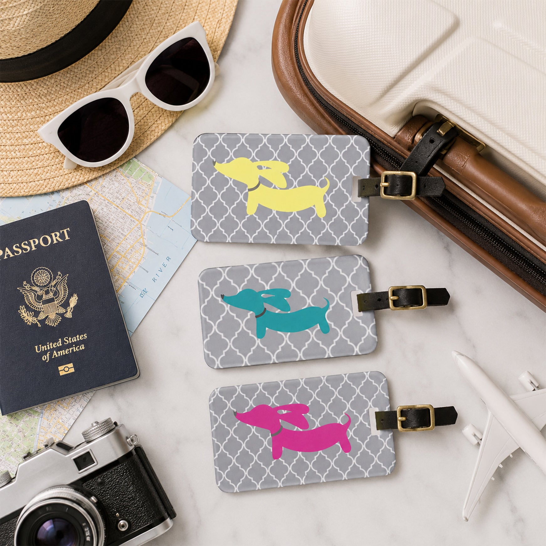 Dachshund Luggage Bag Tags - Pink, Blue or Yellow
