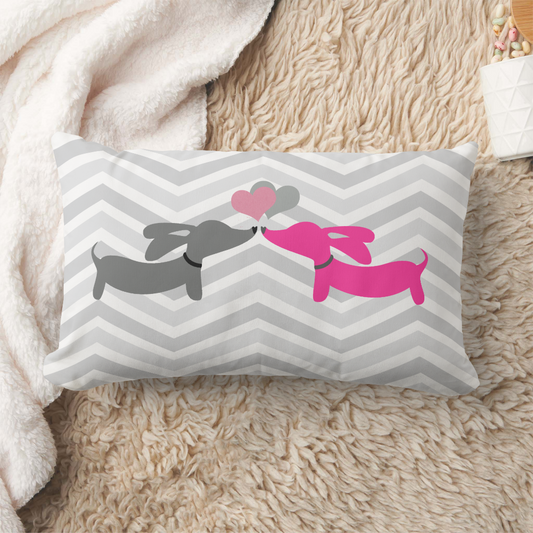 Dachshund Wiener Dog Love & Hearts Pink & Gray Lumbar Pillow