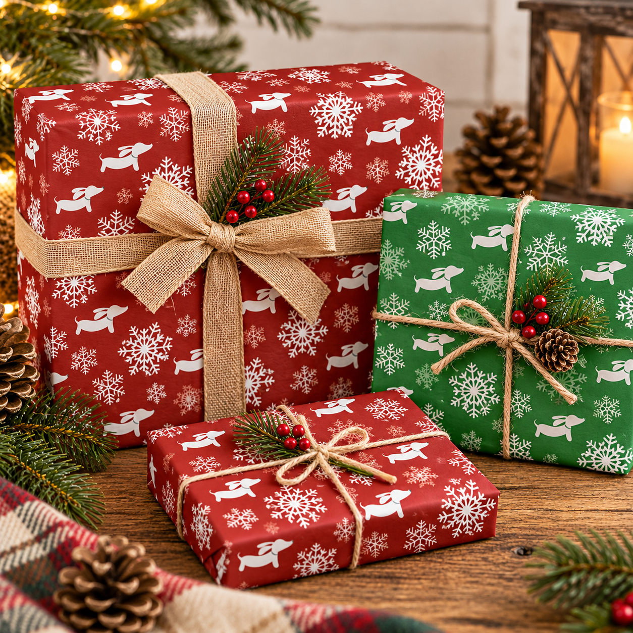 Three Christmas gift boxes wrapped in festive red and green paper with white snowflake and reindeer patterns, tied with natural jute ribbons and bows, arranged on a wooden table with pinecones, evergreen branches, and warm holiday lights in the background.