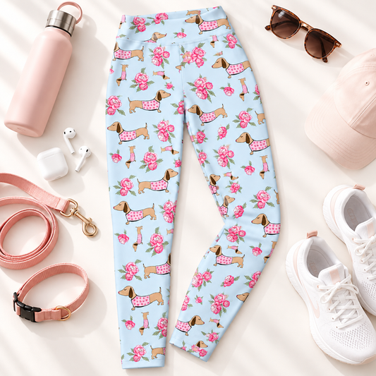 dachshunds and peony floral leggings