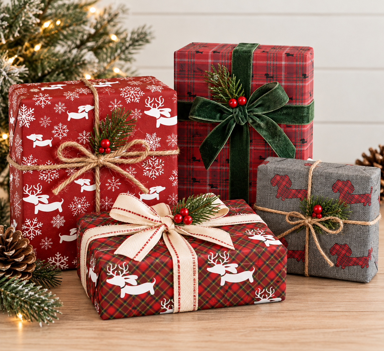 Reindeer Dachshund Red Plaid Christmas Wrapping Paper