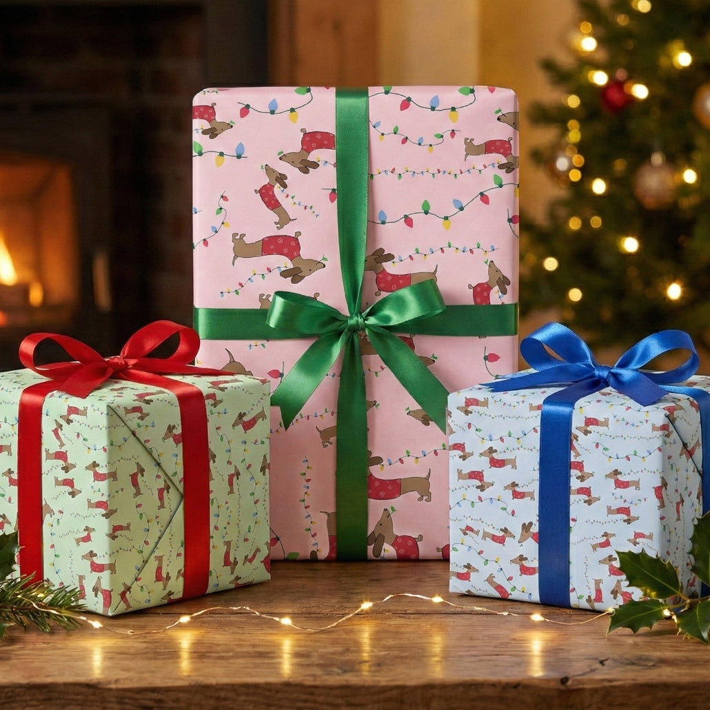 dachshund steal christmas tree lights gift wrap funny holiday paper