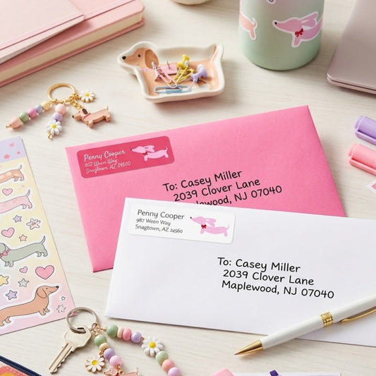 Pink bow doxie return address label