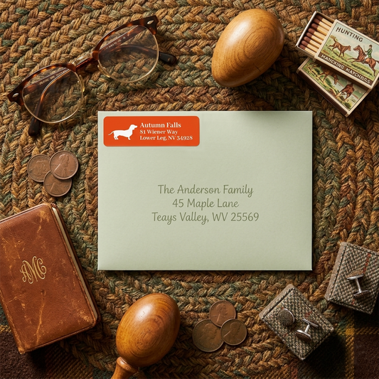Wiener dog return address label personalized orange for men or women