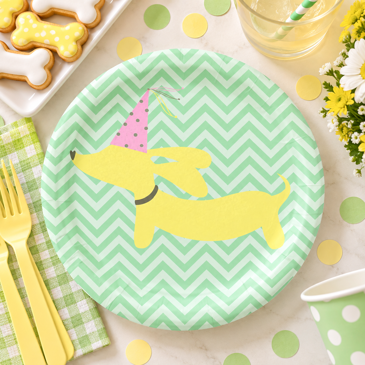 Dachshund Themed Paper Plates and Party Supplies - Pink or Yellow