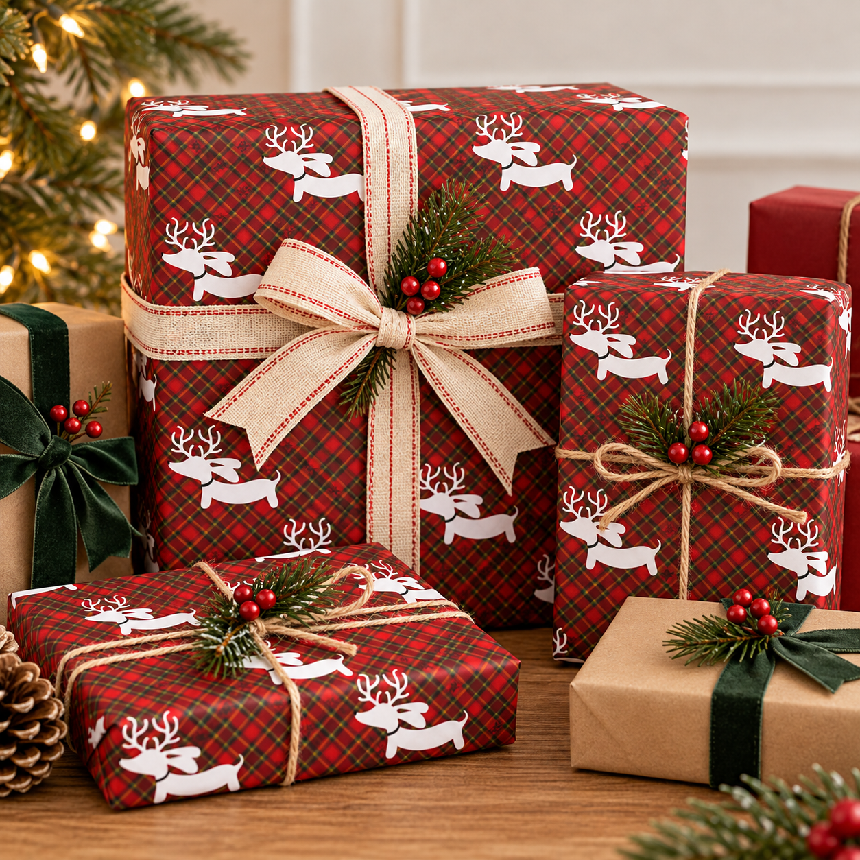 Reindeer Dachshund Red Plaid Christmas Wrapping Paper