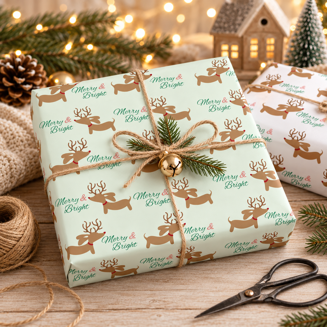 Reindeer Dachshund Merry & Bright Wrapping Paper Sheets