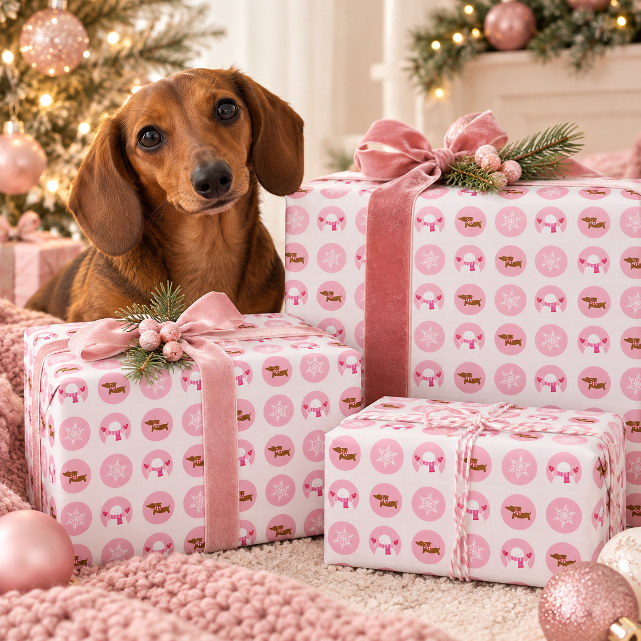 Pink Dachshund Snowflake &amp; Snowman Christmas Wrapping Paper