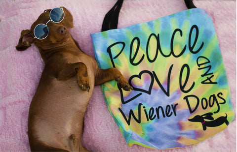 Peace Love & Wiener Dogs Tie Dye Tote Bag