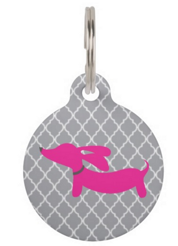Dachshund on Gray Quatrefoil Dog ID Tags, The Smoothe Store