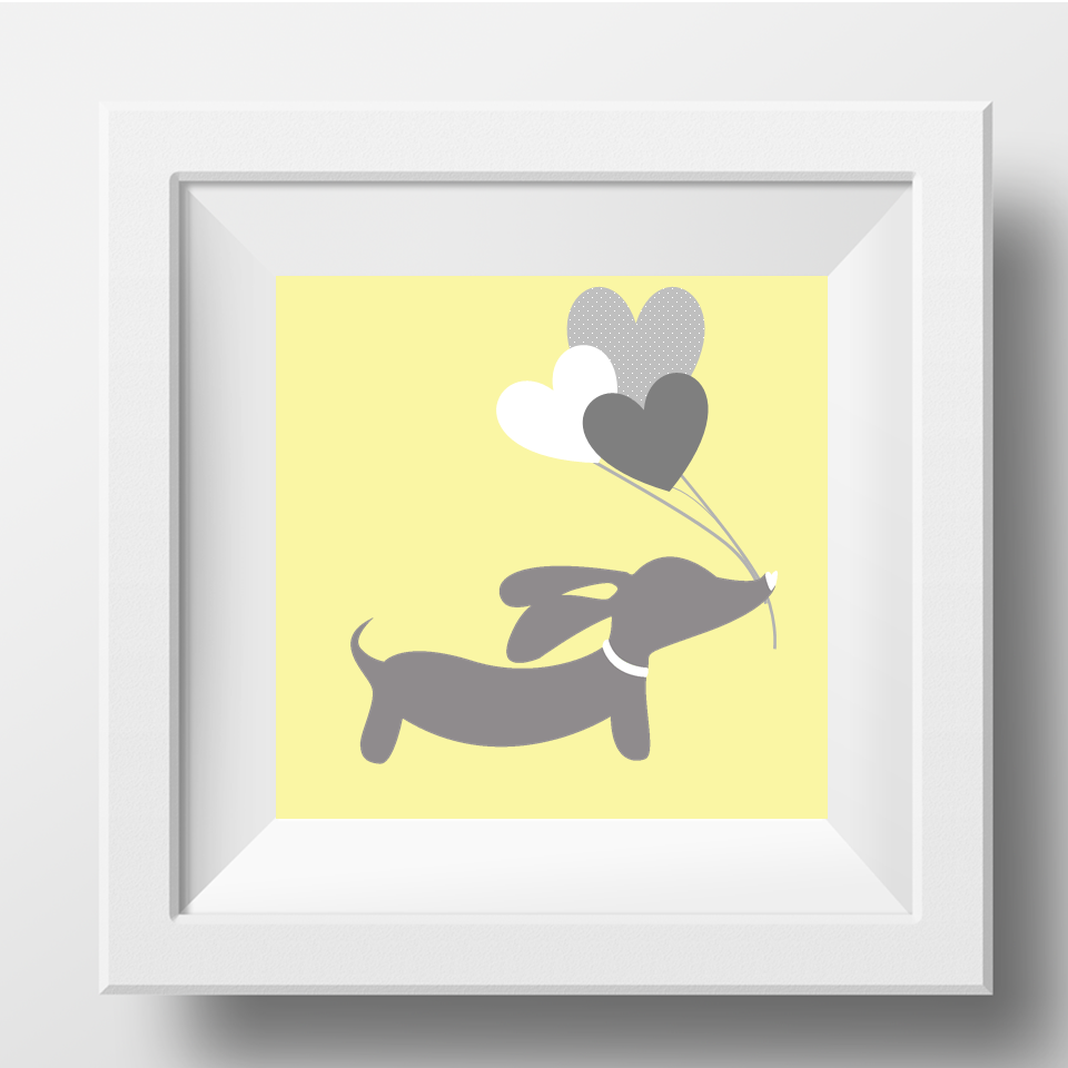 Yellow & Gray Dachshund with Balloons Print, The Smoothe Store