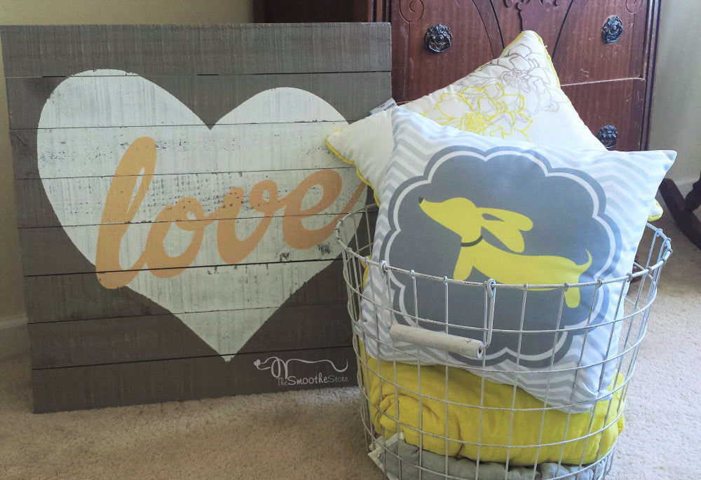 Yellow Dachshund on Gray Scalloped Circle Pillow, The Smoothe Store