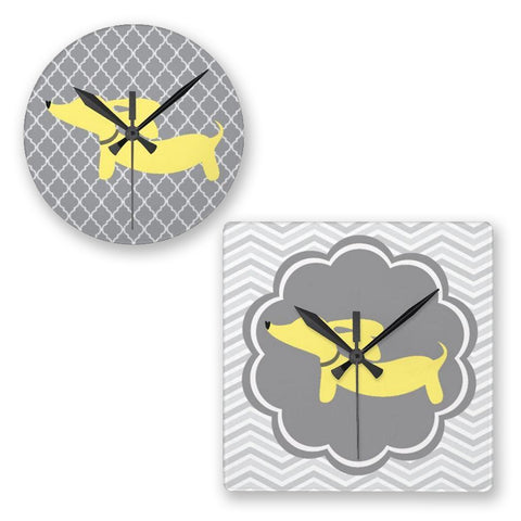 Dachshund Wall Clocks - Yellow & Gray