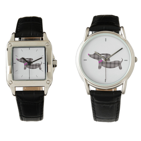 Gray Plaid Wiener Dog Leather Band Watches