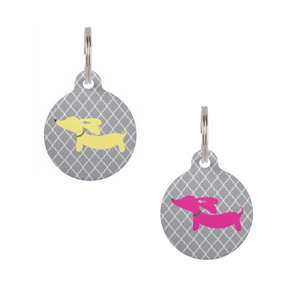 Dachshund on Gray Quatrefoil Dog ID Tags, The Smoothe Store